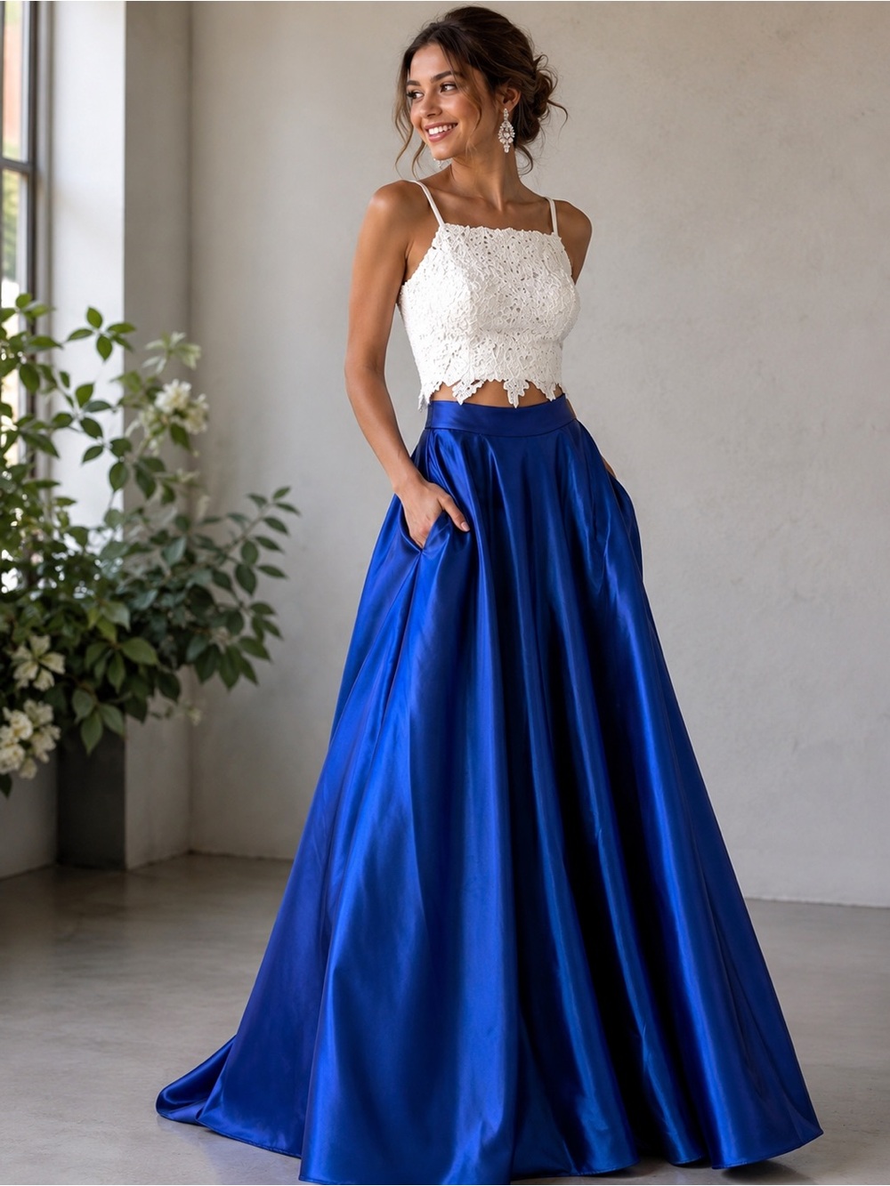 Dave & Johnny 2 pc formal dress- white / Royal blue skirt w/POCKETS -sz 3/4